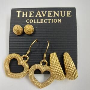 3 Pairs Earrings Gold Tone Pierced Ears Heart Round Oval The Avenue Collection